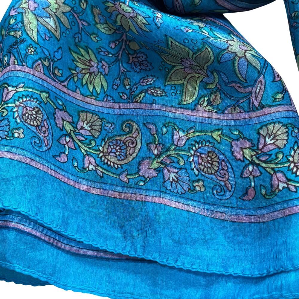India silk chiffon scarf long rectangle blue pink green stylized floral print